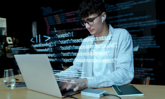 Laptop displaying dashboard of predictive analytics data using statistic graph, line graph, and volume graph made by a RBCH AI software developer.