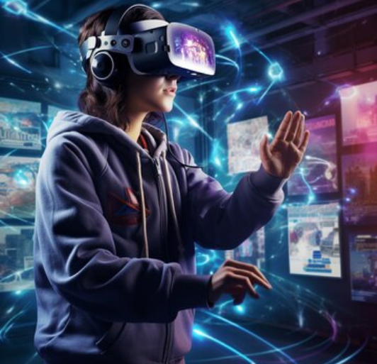 Laptop and VR headset, devices used for augmented and virtual reality games for making a VR games.